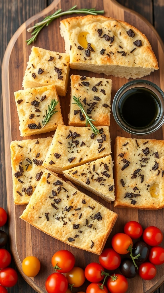 Herb Focaccia Bread Board A wooden board with squares of herb focaccia bread, bowls of olive oil and balsamic vinegar, cherry tomatoes, and olives.
